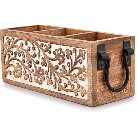 Mango wood utensil holder kitchen drawer organizer rustic cutlery storage caddy - Picture 4 of 6